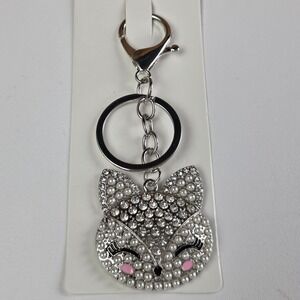 Pastel Collection Fox Bag Charm Key Chain Silver NEW Pearl Rhinestone